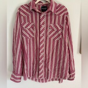 Men’s Wrangler Burgundy and Cream Striped Western Shirt Button Down Size XL